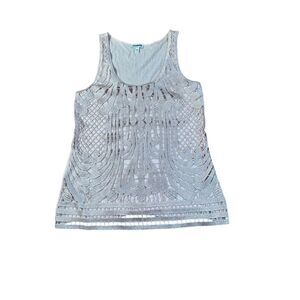 Express Elegant‎ Lace Overlay Tank Top with Art Deco Pattern Gray Small